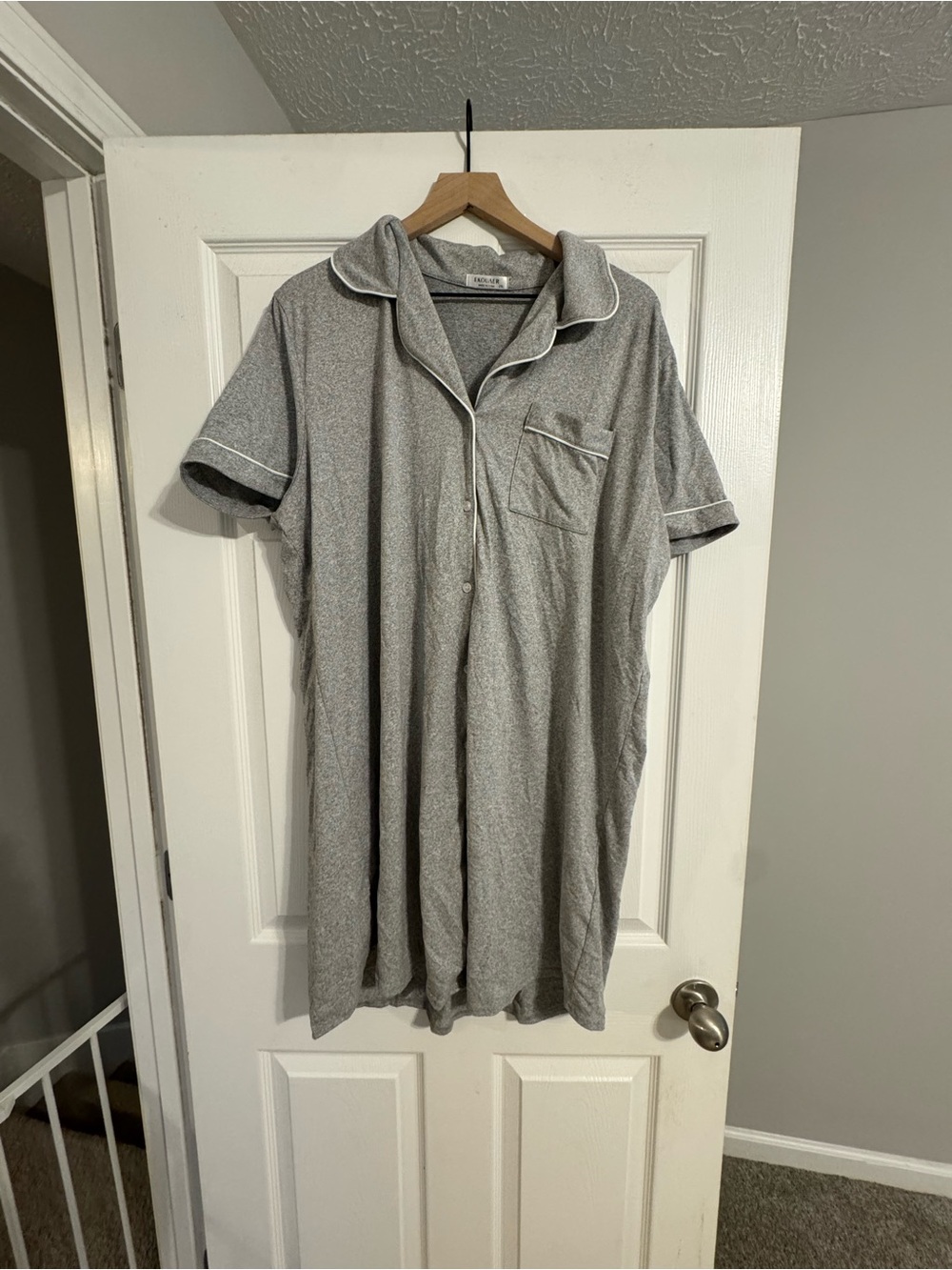 Women's Grey Short-Sleeve Sleep Shirt with Piped Collar